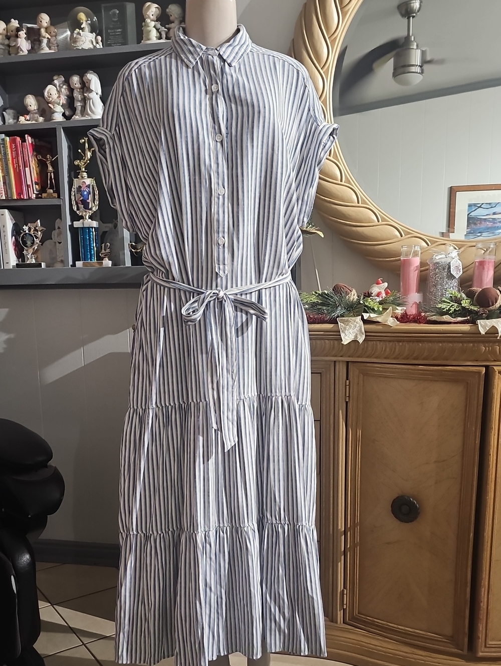 Max Studio London Striped Blue & White Dress with Tie Waist XL